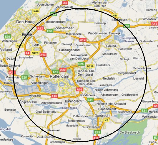 Kaart regio Rotterdam met daarin de straal getekend waarin ik geen reiskosten reken